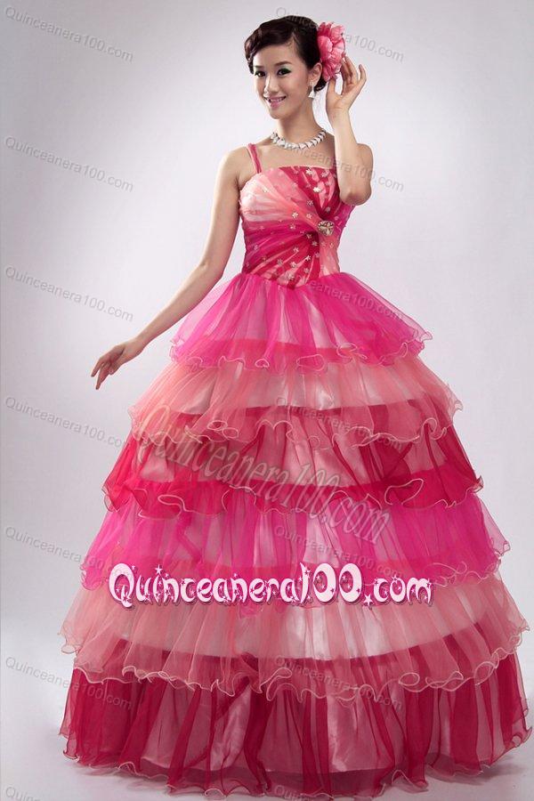 Straps Beading and Ruffles Layered Quinceanera Dress in Pink