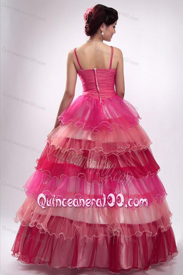 Straps Beading and Ruffles Layered Quinceanera Dress in Pink