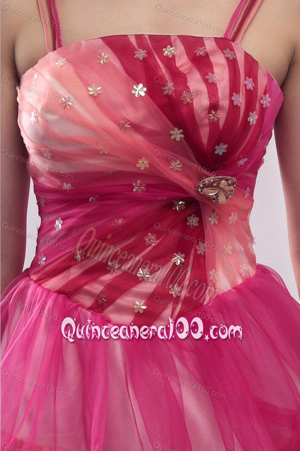 Straps Beading and Ruffles Layered Quinceanera Dress in Pink