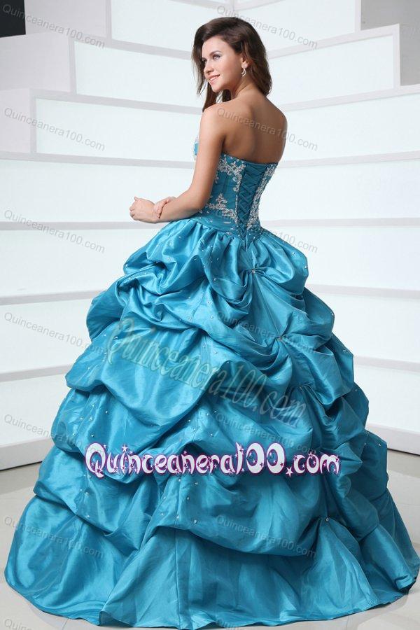 Sweetheart Appliques and Pick-ups Taffeta Quinceanera Dress in Teal