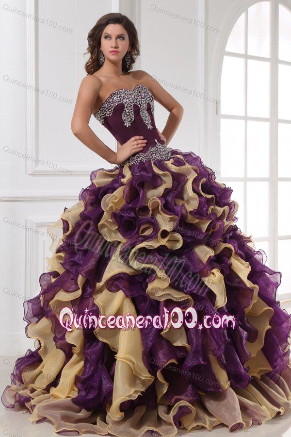 Sweetheart Beading and Ruffles Organza Multi-color Quinceanera Dress