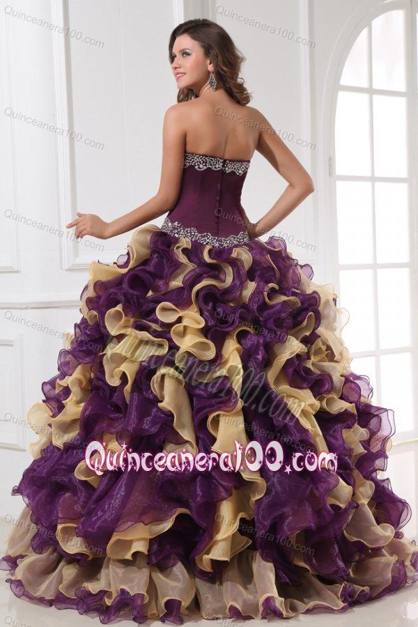 Sweetheart Beading and Ruffles Organza Multi-color Quinceanera Dress