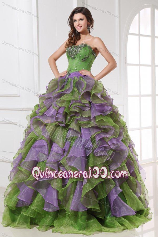 Organza Sweetheart Beading and Ruffles Quinceanera Dress in Multi-color