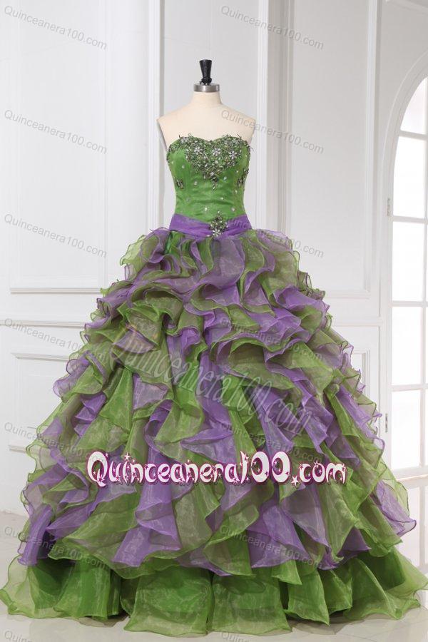 Organza Sweetheart Beading and Ruffles Quinceanera Dress in Multi-color