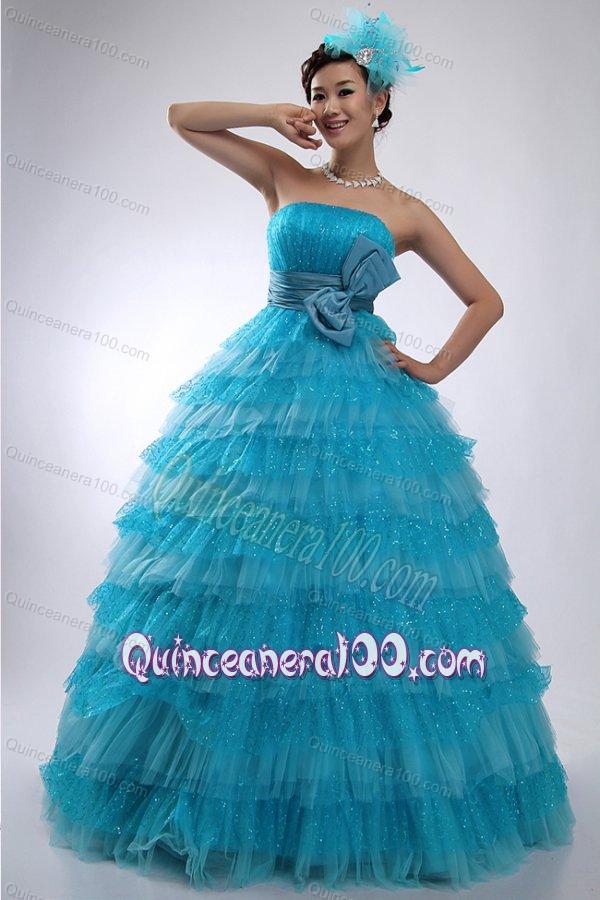 Teal Strapless Tulle and Sequins Long Quinceanera Dress with Bowknot