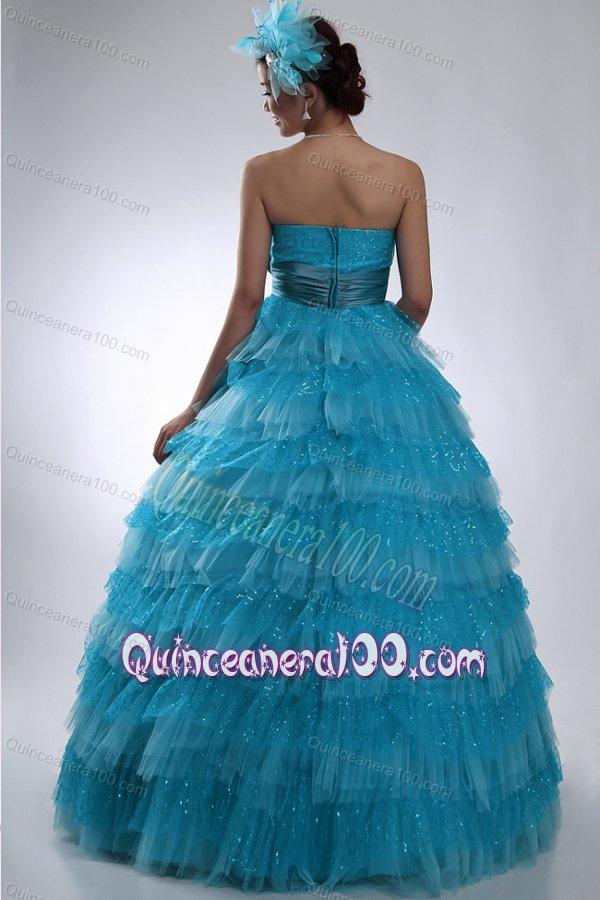 Teal Strapless Tulle and Sequins Long Quinceanera Dress with Bowknot