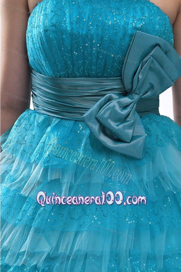 Teal Strapless Tulle and Sequins Long Quinceanera Dress with Bowknot