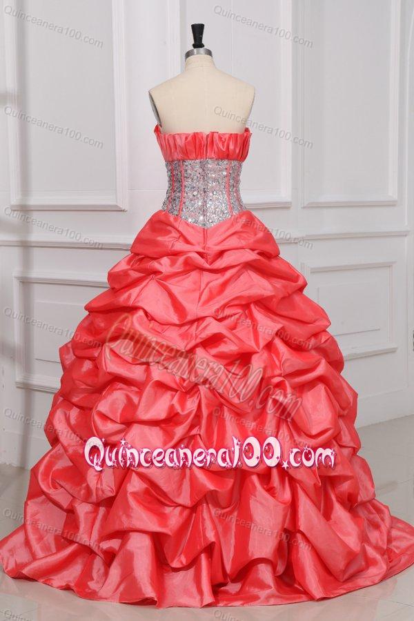 Watermelon Strapless Sequins and Pick-ups Taffeta Quinceanera Dress