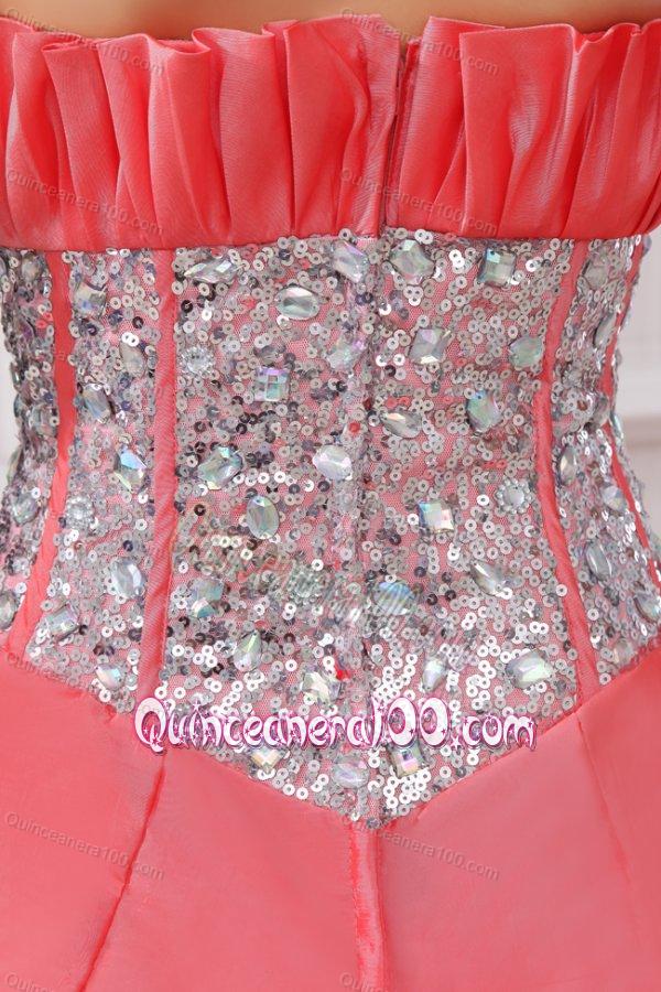 Watermelon Strapless Sequins and Pick-ups Taffeta Quinceanera Dress