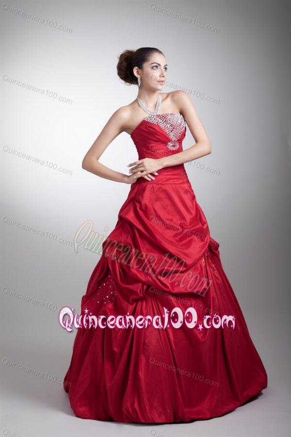 Wine Red A-line Strapless Taffeta Quinceanera Dress with Beading