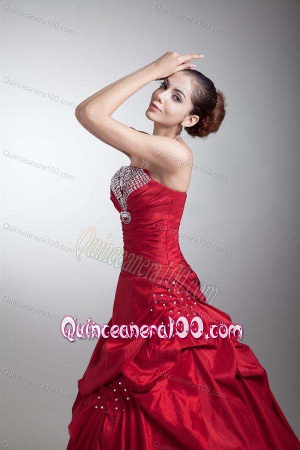 Wine Red A-line Strapless Taffeta Quinceanera Dress with Beading