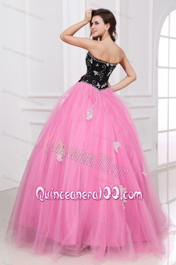 Black and Rose Pink Quinceanera Dress with Beading and Appliques