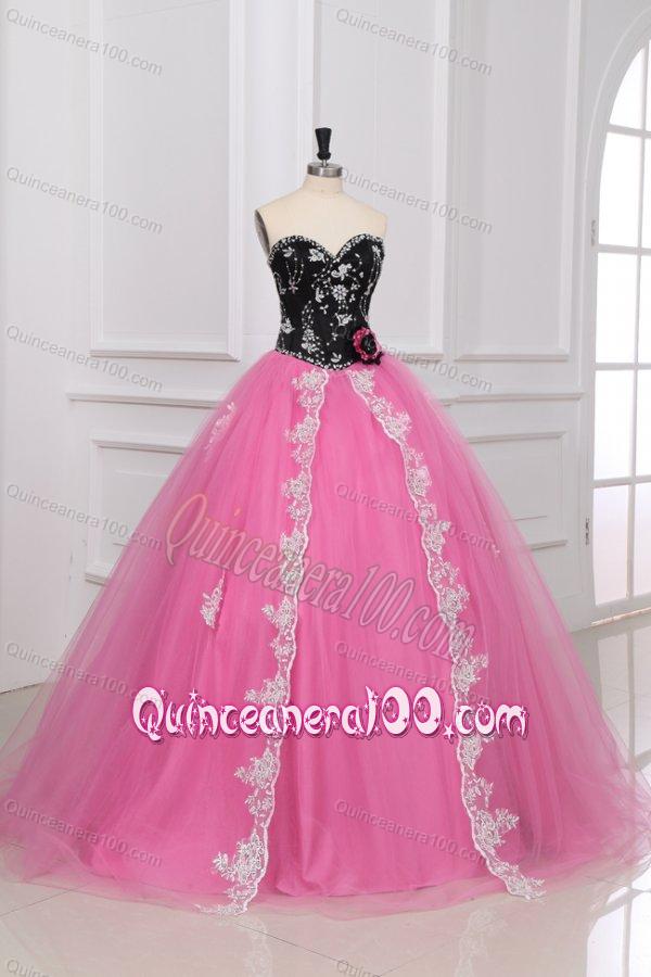 Black and Rose Pink Quinceanera Dress with Beading and Appliques