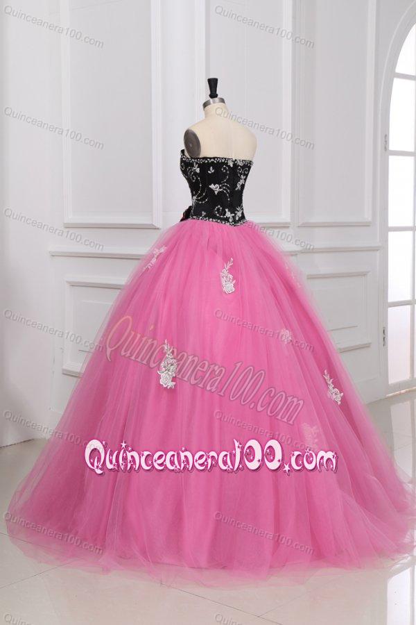 Black and Rose Pink Quinceanera Dress with Beading and Appliques