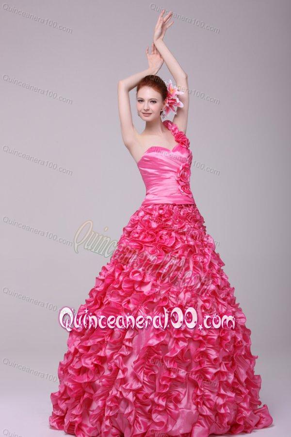 Hot Pink One Shoulder Hand Made Flowers and Ruffles Quinceanera Dress