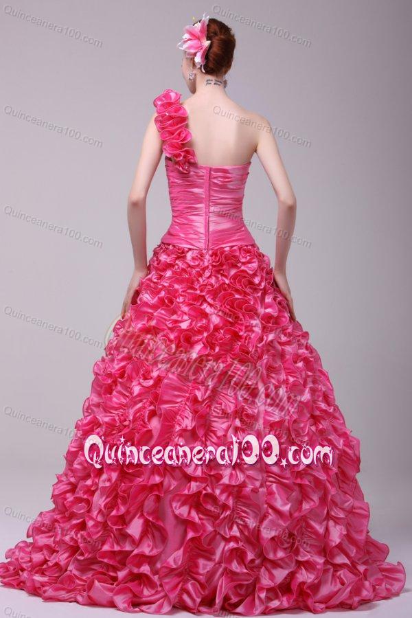 Hot Pink One Shoulder Hand Made Flowers and Ruffles Quinceanera Dress