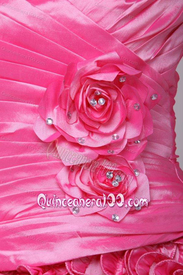 Hot Pink One Shoulder Hand Made Flowers and Ruffles Quinceanera Dress