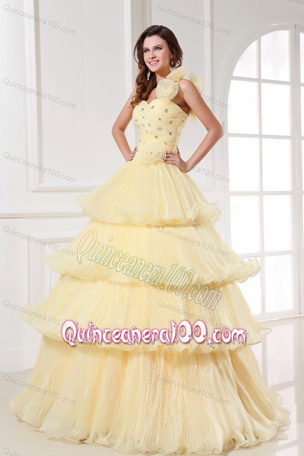 Light Yellow One Shoulder Beading and Pleats A-line Quinceanera Dress