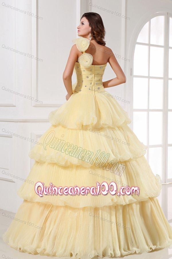 Light Yellow One Shoulder Beading and Pleats A-line Quinceanera Dress