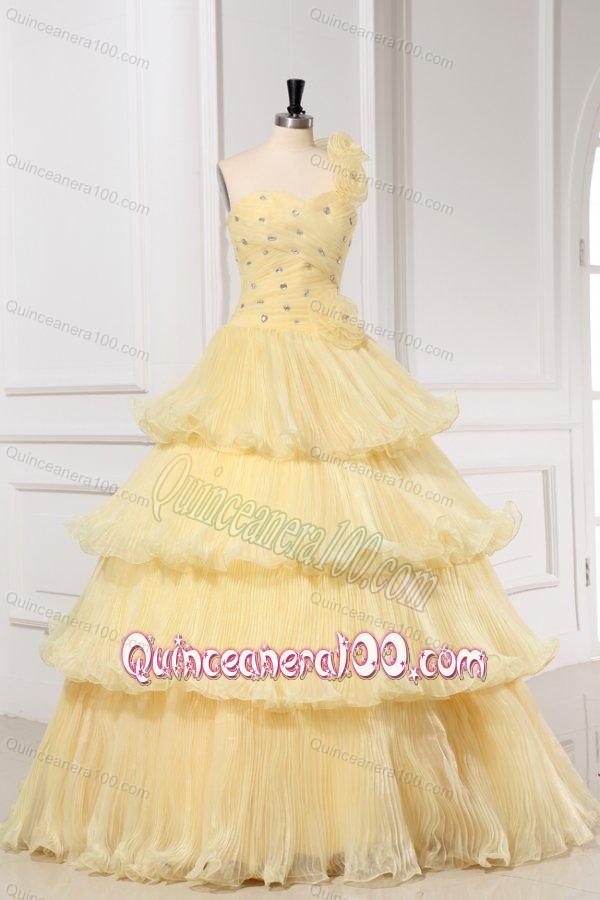 Light Yellow One Shoulder Beading and Pleats A-line Quinceanera Dress