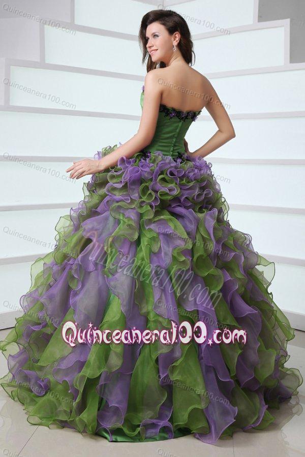 Multi-color Strapless Appliques and Ruffles Quinceanera Dress with Organza