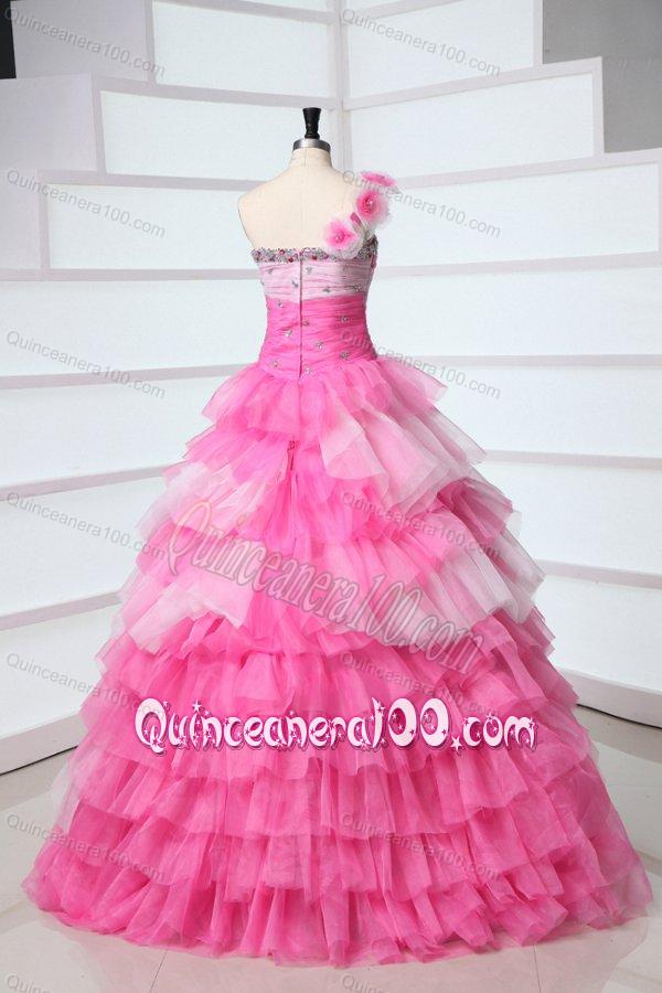 Pink One Shoulder Beading Quinceanera Dress with Ruffles