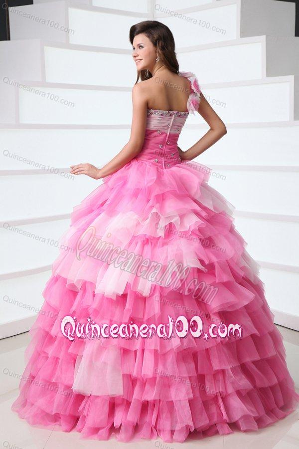 Pink One Shoulder Beading Quinceanera Dress with Ruffles