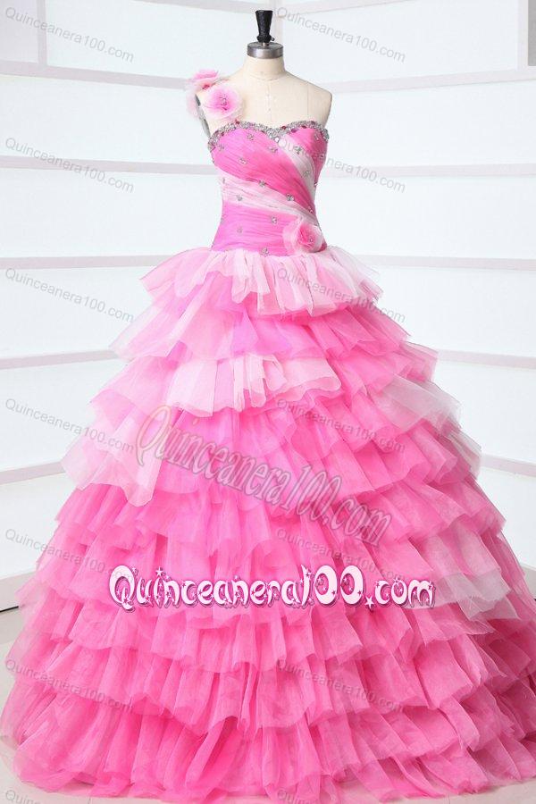 Pink One Shoulder Beading Quinceanera Dress with Ruffles