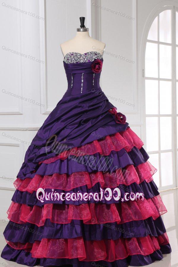 Sweetheart Beading and Flowers Quinceanera Dress in Red and Purple