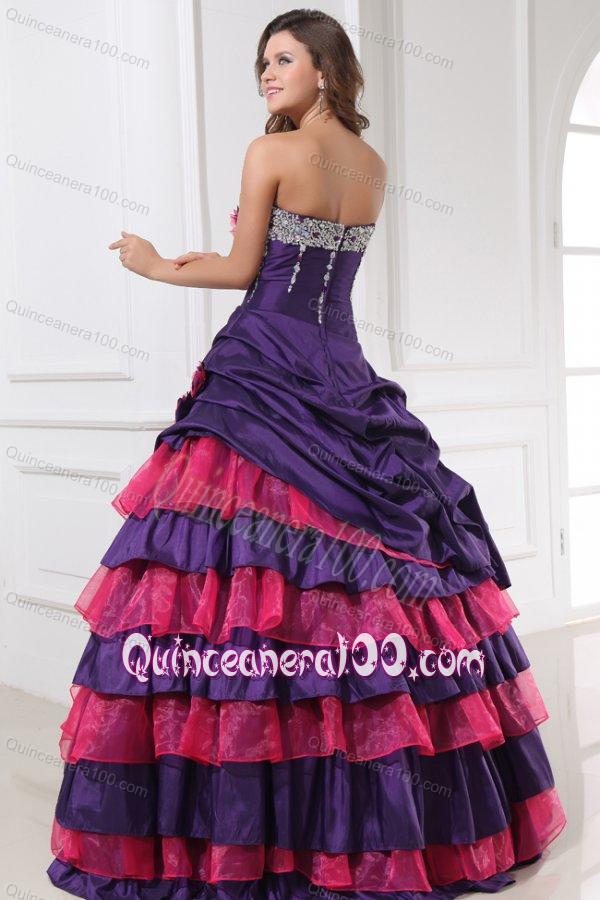 Sweetheart Beading and Flowers Quinceanera Dress in Red and Purple