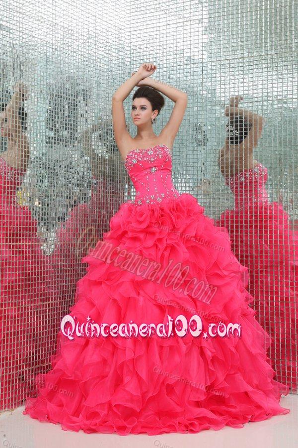 Sweetheart Beading and Ruffles Organza Coral Red Quinceanera Dress