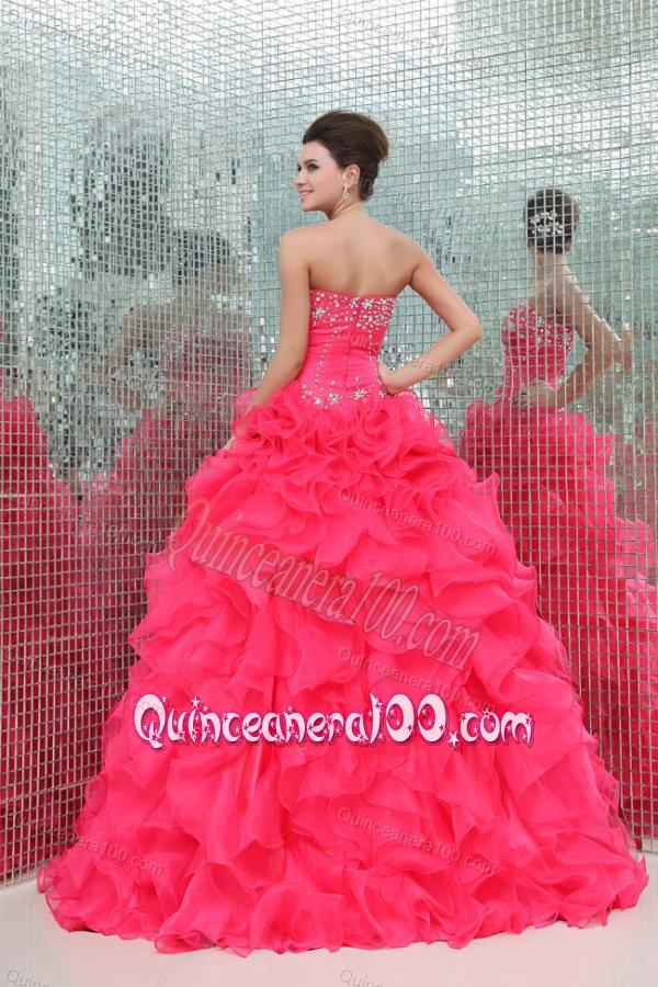 Sweetheart Beading and Ruffles Organza Coral Red Quinceanera Dress