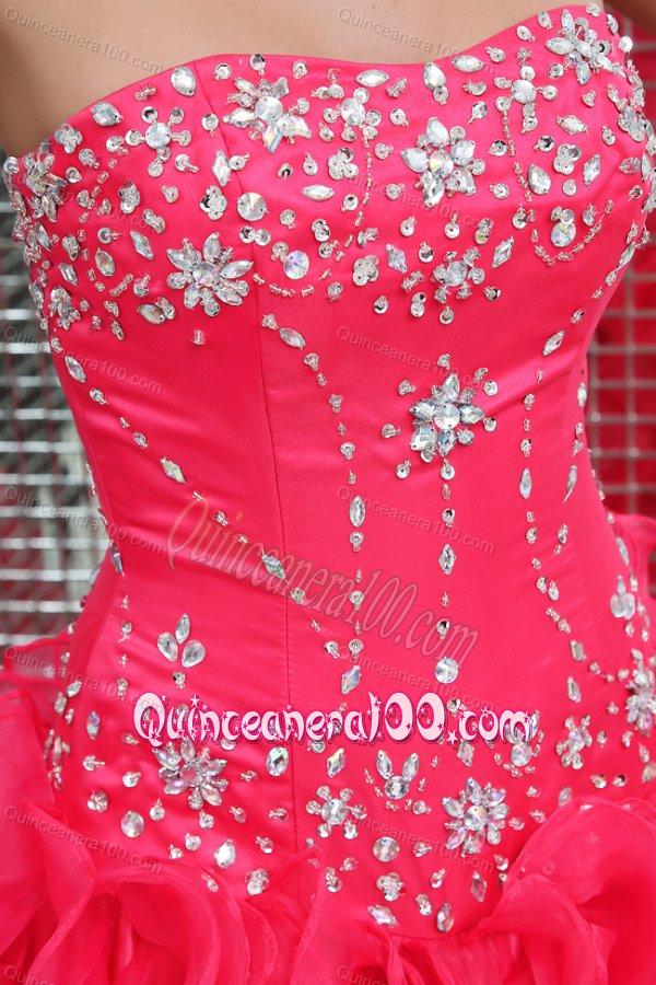 Sweetheart Beading and Ruffles Organza Coral Red Quinceanera Dress