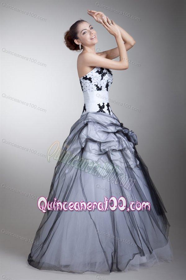 White and Black Strapless Appliques and Flowers Quinceanera Dress