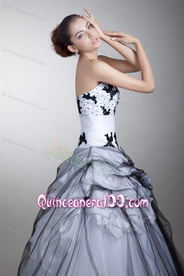 White and Black Strapless Appliques and Flowers Quinceanera Dress