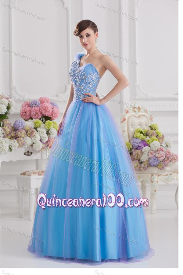 2014 A-line One Shoulder Tulle Blue Quinceanera Dress with Appliques Hand Made Flower