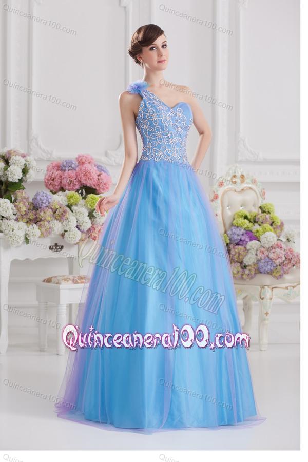 2014 A-line One Shoulder Tulle Blue Quinceanera Dress with Appliques Hand Made Flower