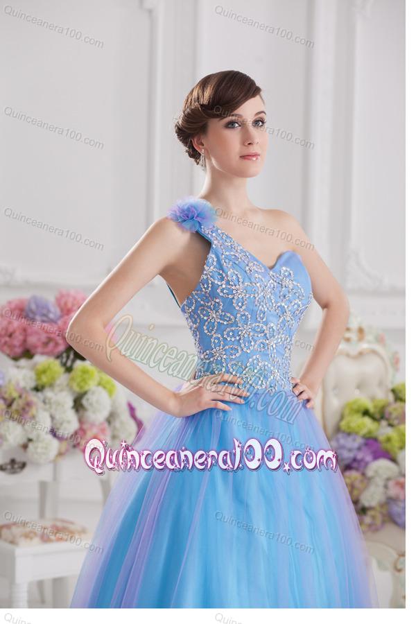 2014 A-line One Shoulder Tulle Blue Quinceanera Dress with Appliques Hand Made Flower