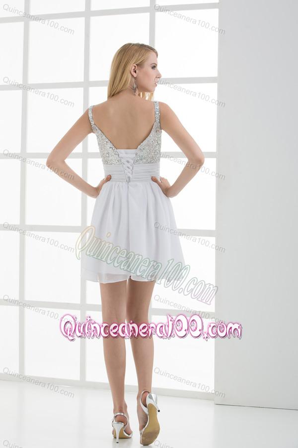 A-line Straps White Sleeveless Beading and Ruching Dresses for Dama