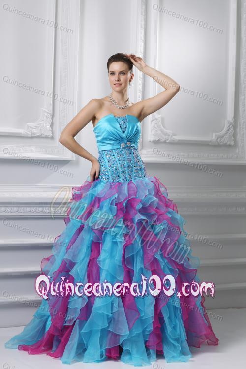 Ball Gown Strapless Organza Beading Ruffles Multi-color Quinceanera Dress