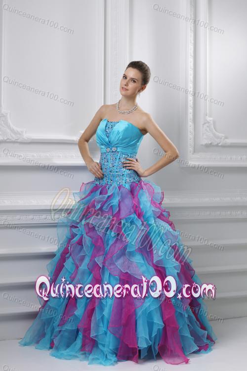 Ball Gown Strapless Organza Beading Ruffles Multi-color Quinceanera Dress