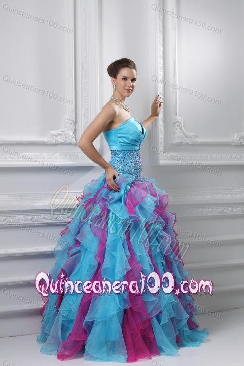 Ball Gown Strapless Organza Beading Ruffles Multi-color Quinceanera Dress