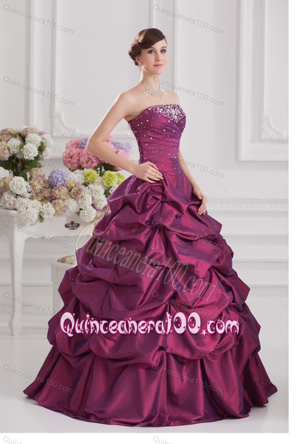 Ball Gown Strapless Taffeta Purple Quinceanera Dress with Beading and Pick-ups