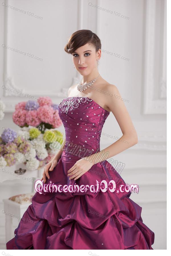 Ball Gown Strapless Taffeta Purple Quinceanera Dress with Beading and Pick-ups