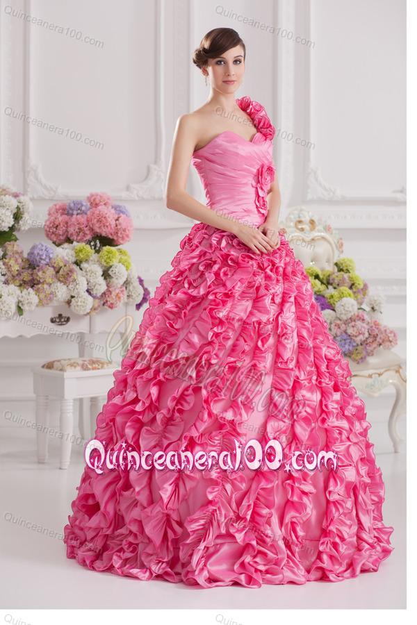 Pink Ball Gown One Shoulder Taffeta Hand Made Flowers and Ruffles Quinceanera Dress