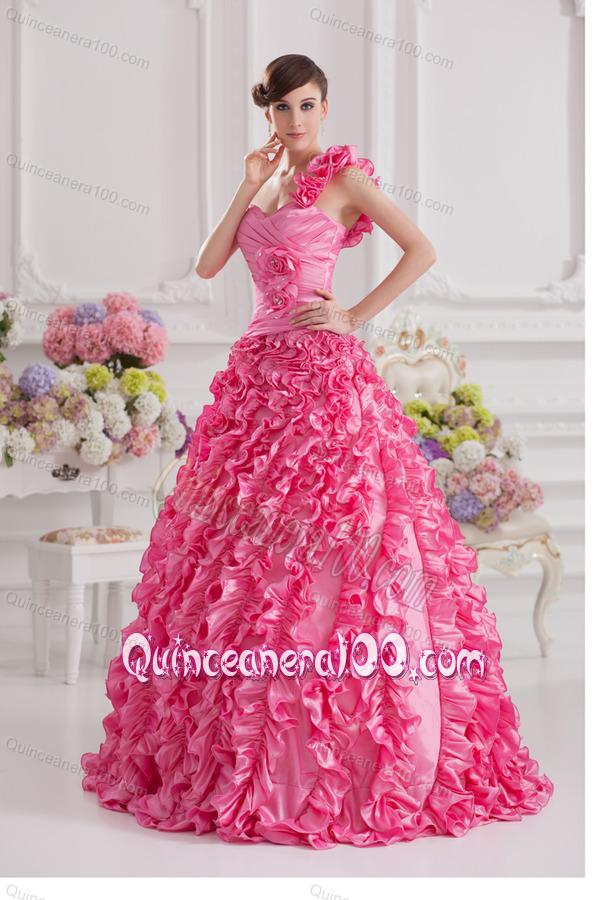 Pink Ball Gown One Shoulder Taffeta Hand Made Flowers and Ruffles Quinceanera Dress