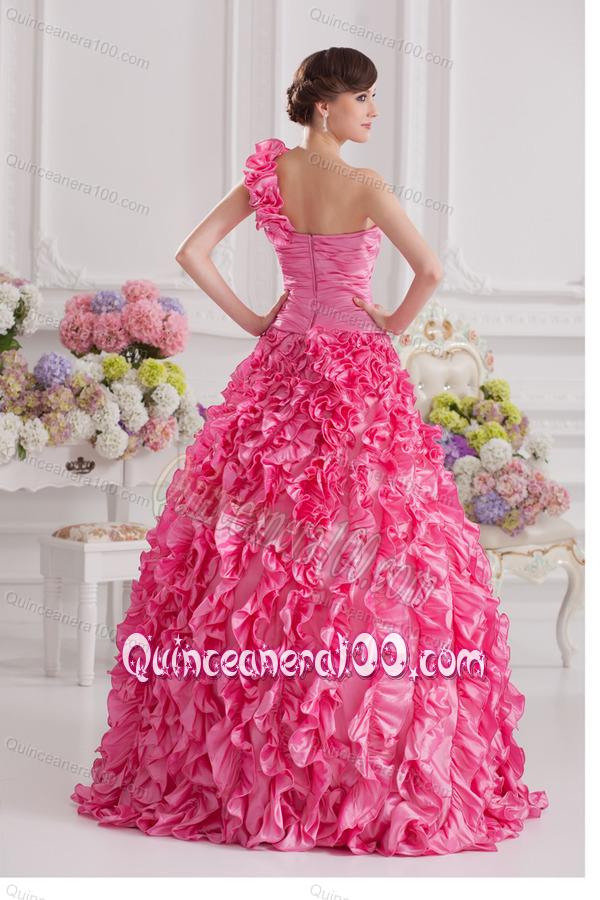 Pink Ball Gown One Shoulder Taffeta Hand Made Flowers and Ruffles Quinceanera Dress