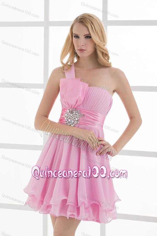 One Shoulder A-line Beading and Ruching Chiffon Dama Dresses