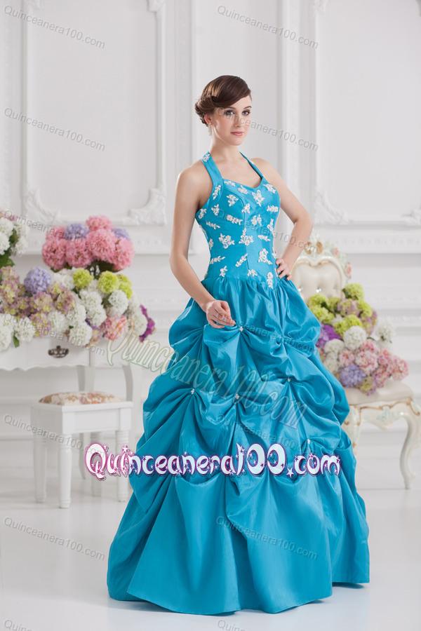 Princess Taffeta Appliques Ruffles Teal Quinceanera Dress with Halter Top