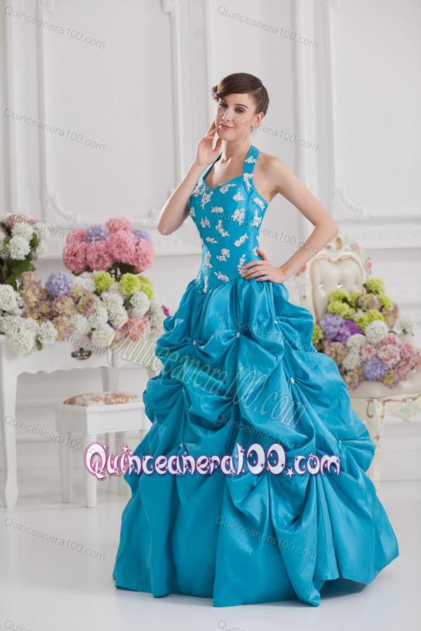 Princess Taffeta Appliques Ruffles Teal Quinceanera Dress with Halter Top